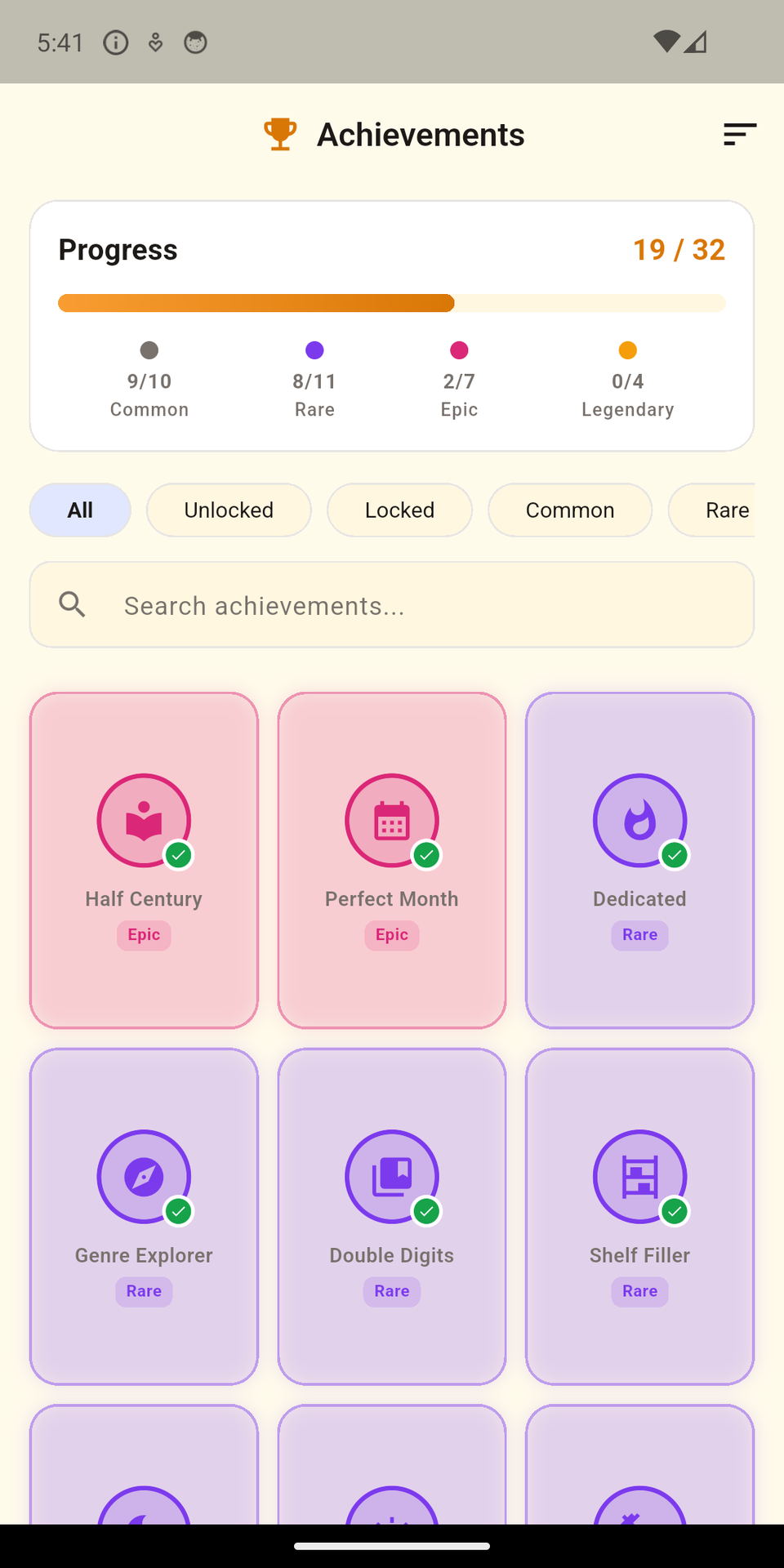 ChapterUp on a phone, showing achievements, grouped by rarity