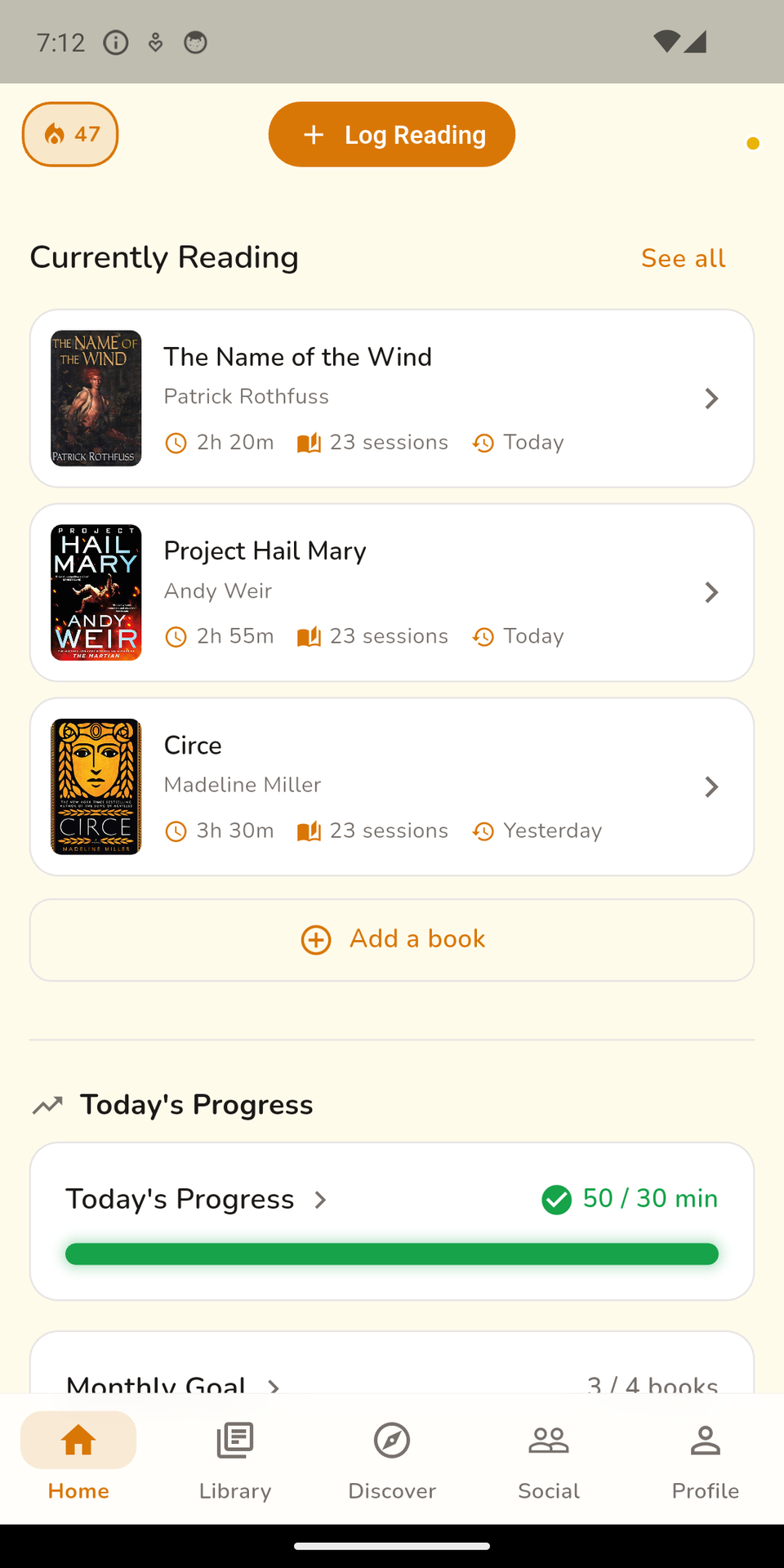 ChapterUp on a phone, showing the home screen, with the books in progress and today's reading goal