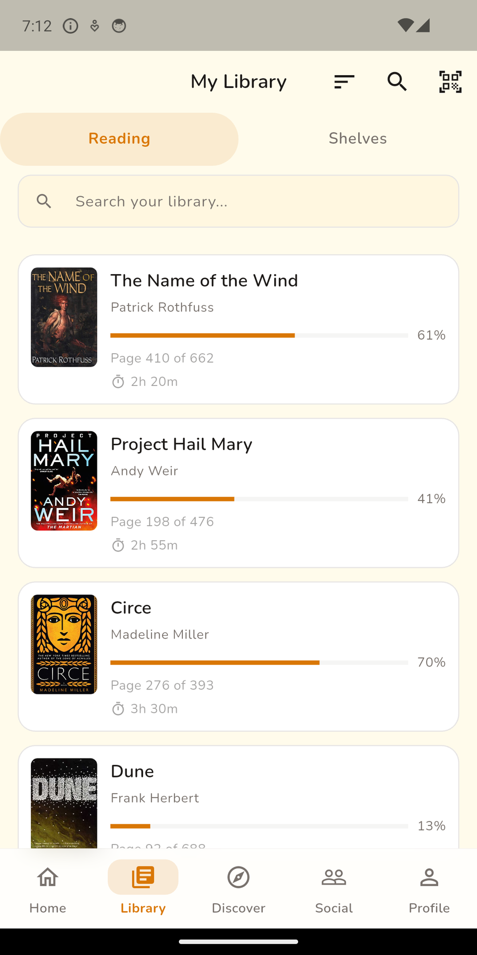 ChapterUp on a phone, showing the library, with how far through each book you are