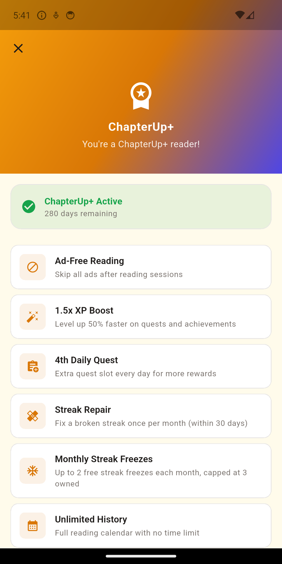 ChapterUp on a phone, showing the list of ChapterUp+ benefits